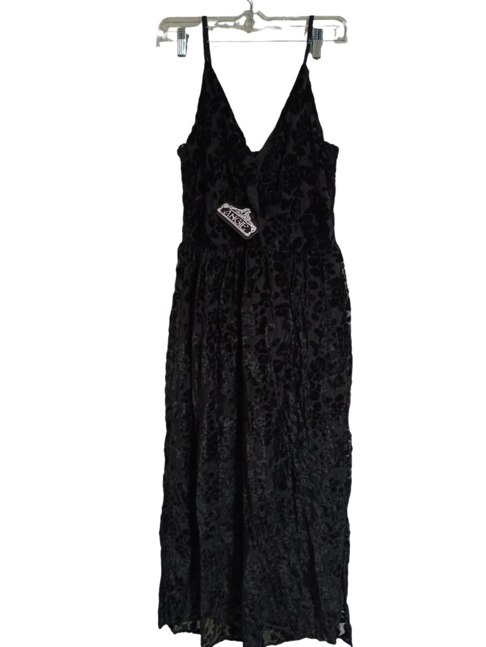 Angie Black Velvet Burnout Maxi Dress with Spaghetti Straps NWT